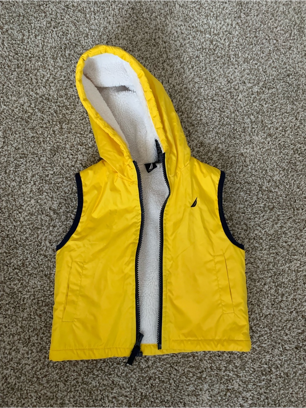 Nautica Yellow Hooded Sherpa-Lined Kids Vest with Navy Trim